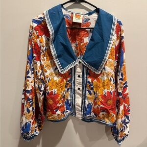 Farm Rio Anthropologie Floral Blouse with Blue Collar Size XL